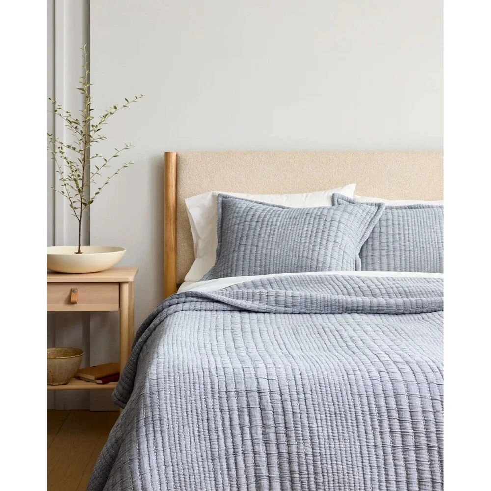 Quince Organic Cotton Channel Stitch Coverlet Set Full | Queen Blue NEW